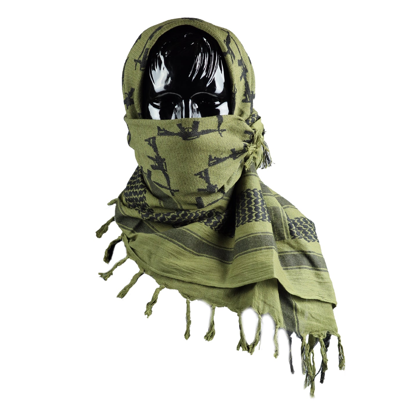 Olive green tactical shemagh scarf in gun pattern on a mannequin against a white background
