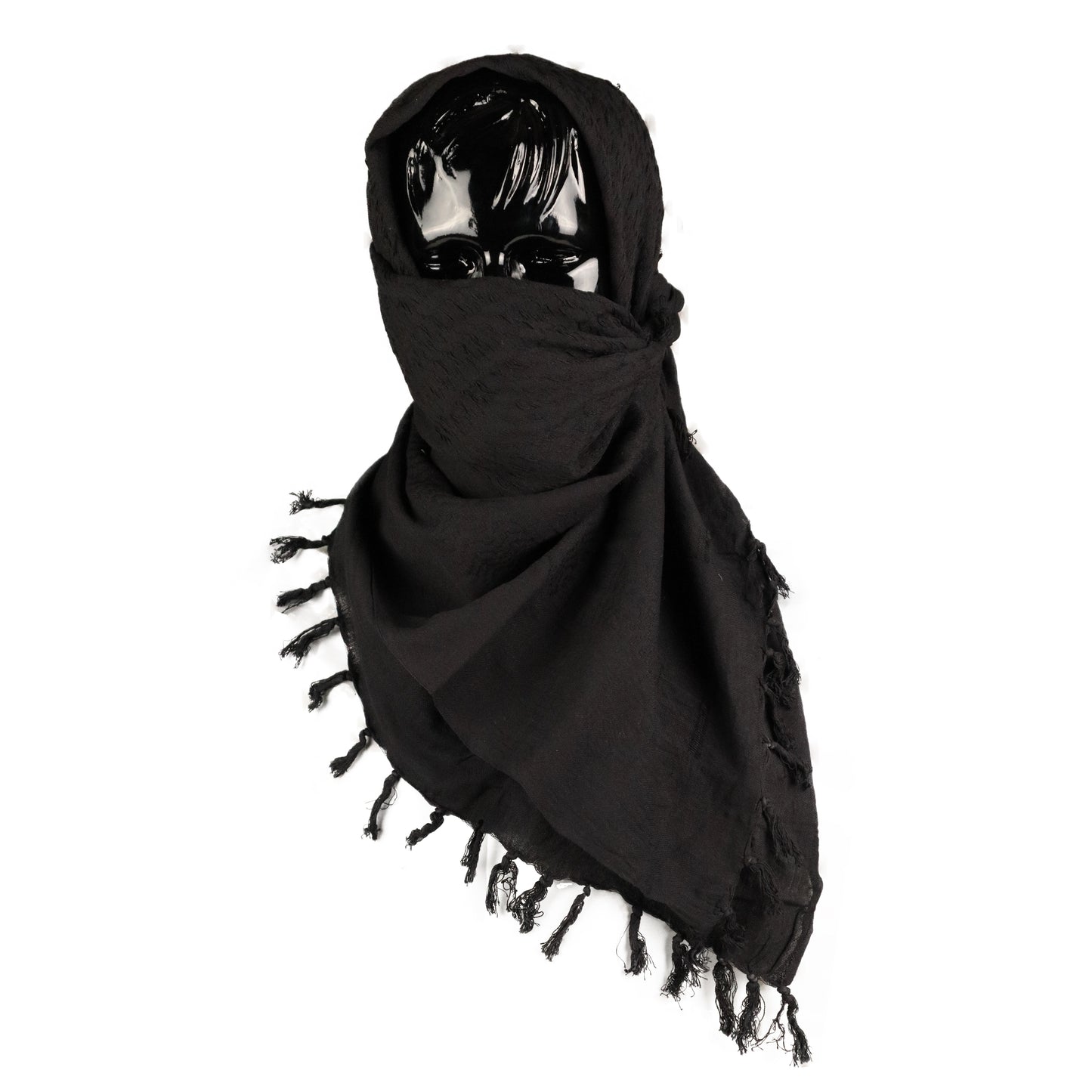 Black colour tactical shemagh scarf on a mannequin head against a white background.