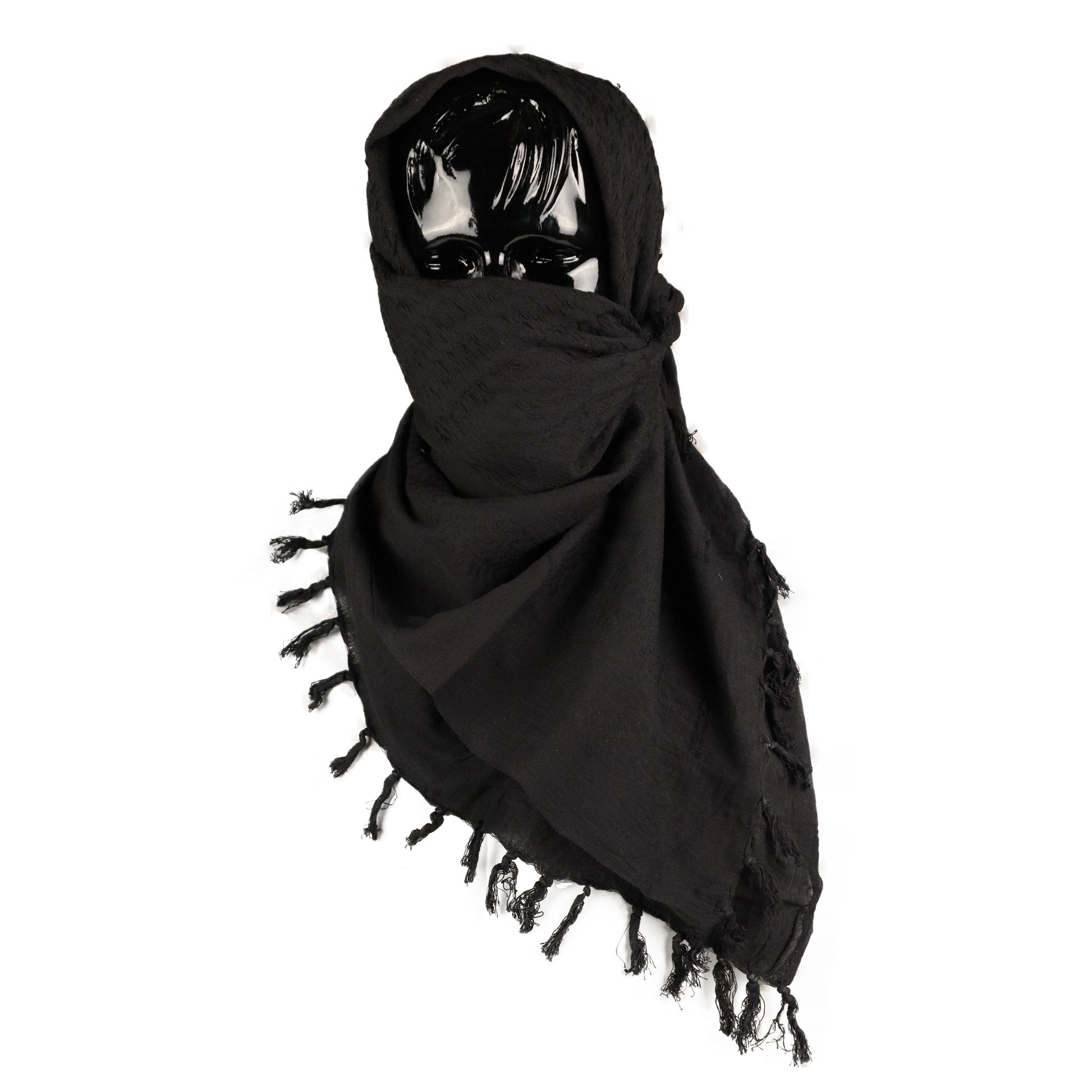 Black colour tactical shemagh scarf on a mannequin head against a white background.