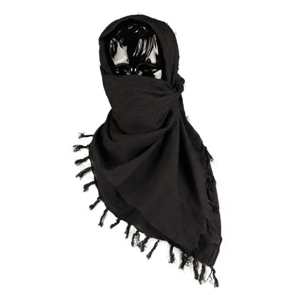 Black colour tactical shemagh scarf on a mannequin head against a white background.