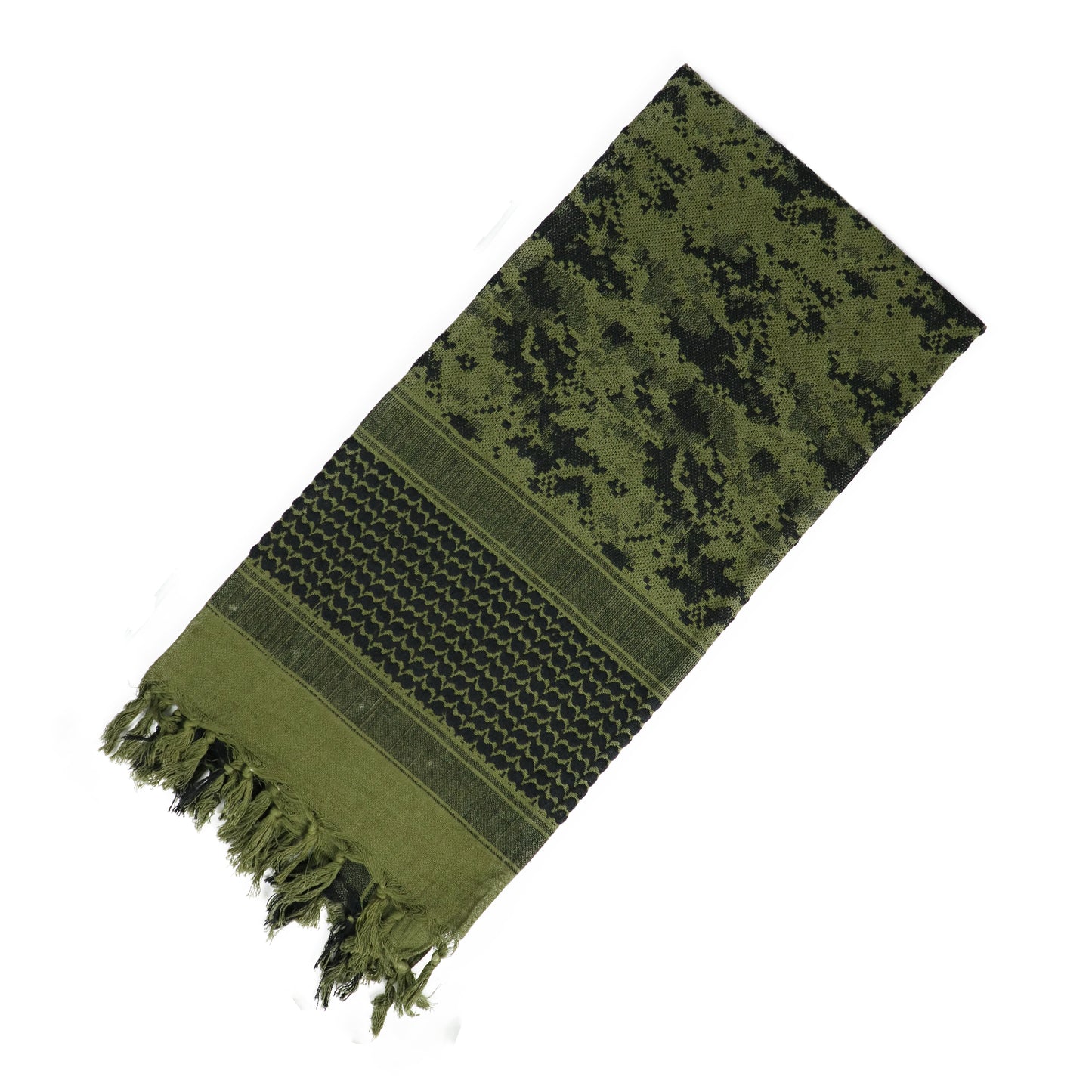 Folded olive green tactical shemagh scarf in digital camouflage pattern.