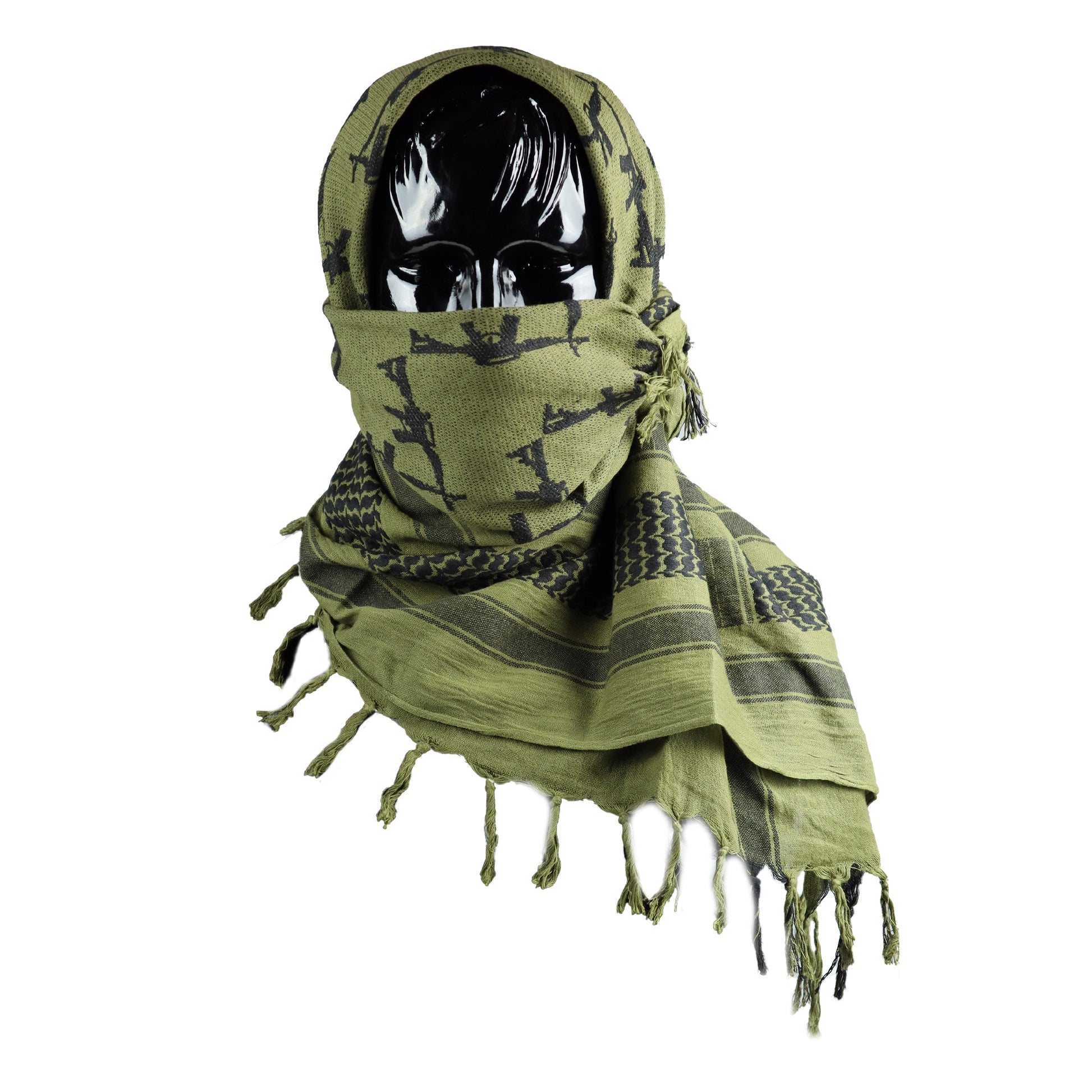 Olive green tactical shemagh scarf in gun pattern on a mannequin against a white background