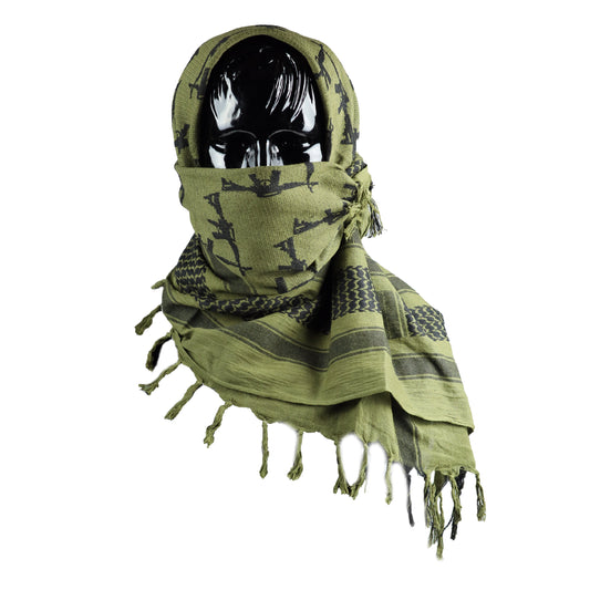 Olive green tactical shemagh scarf in gun pattern on a mannequin against a white background
