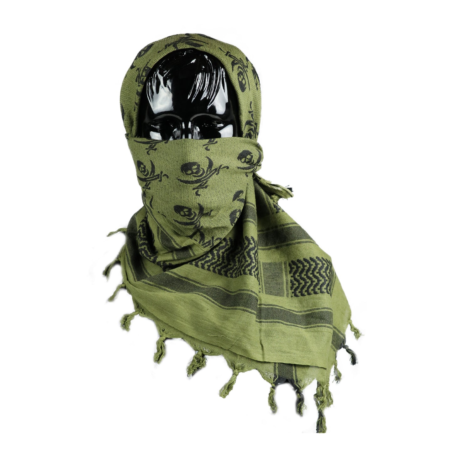 Green jolly roger tactical shemagh scarf on a mannequin head on white background.