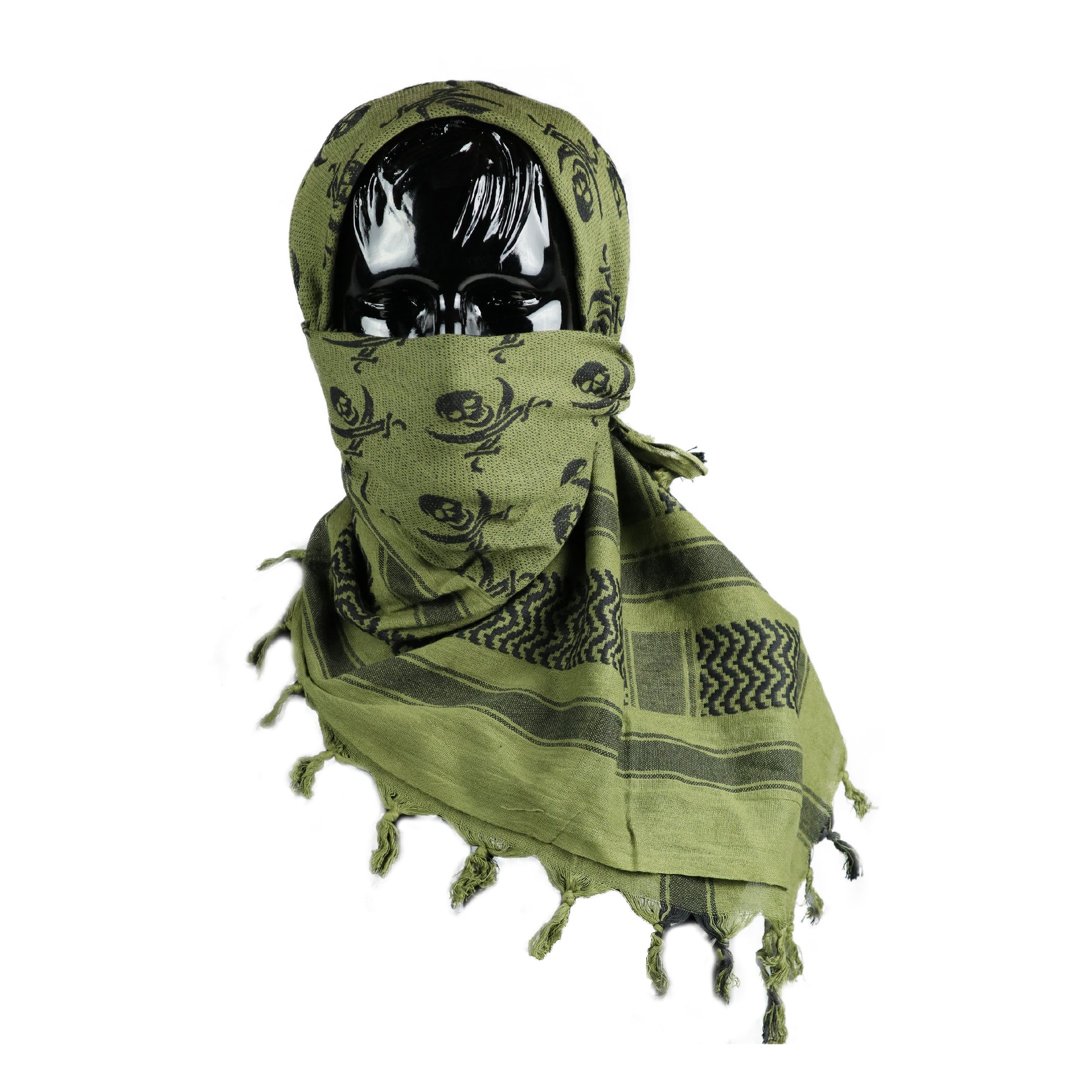 Green jolly roger tactical shemagh scarf on a mannequin head on white background.