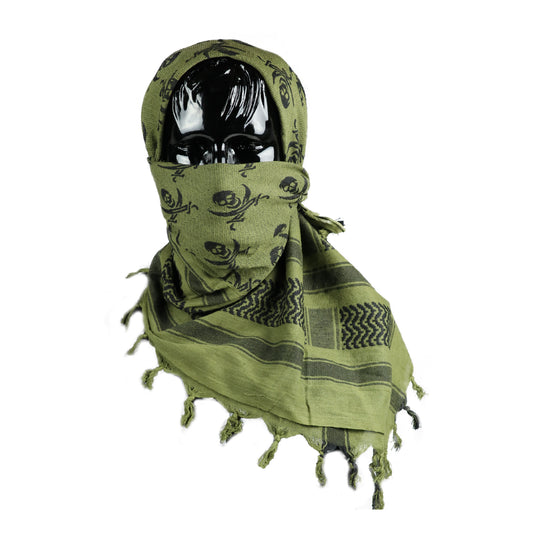 Green jolly roger tactical shemagh scarf on a mannequin head on white background.
