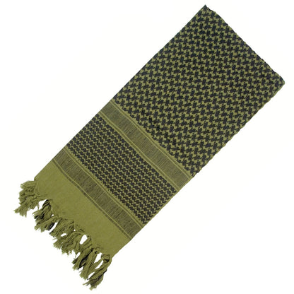 Folded olive green tactical shemagh scarf in classic pattern with a white background
