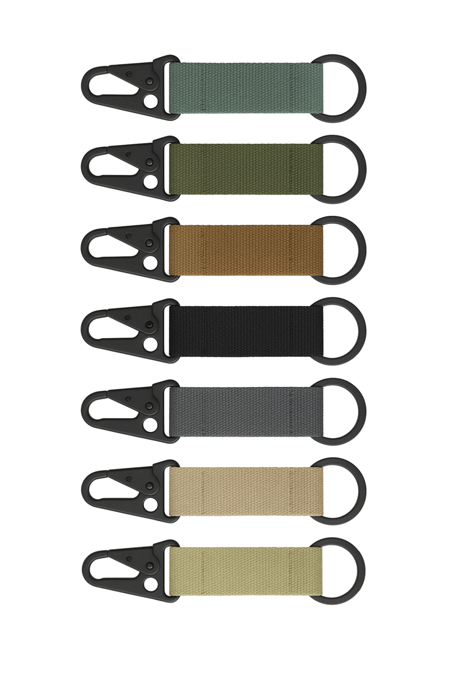 Assorted solid colours tactical webbing keychain with HK hook with a white background.