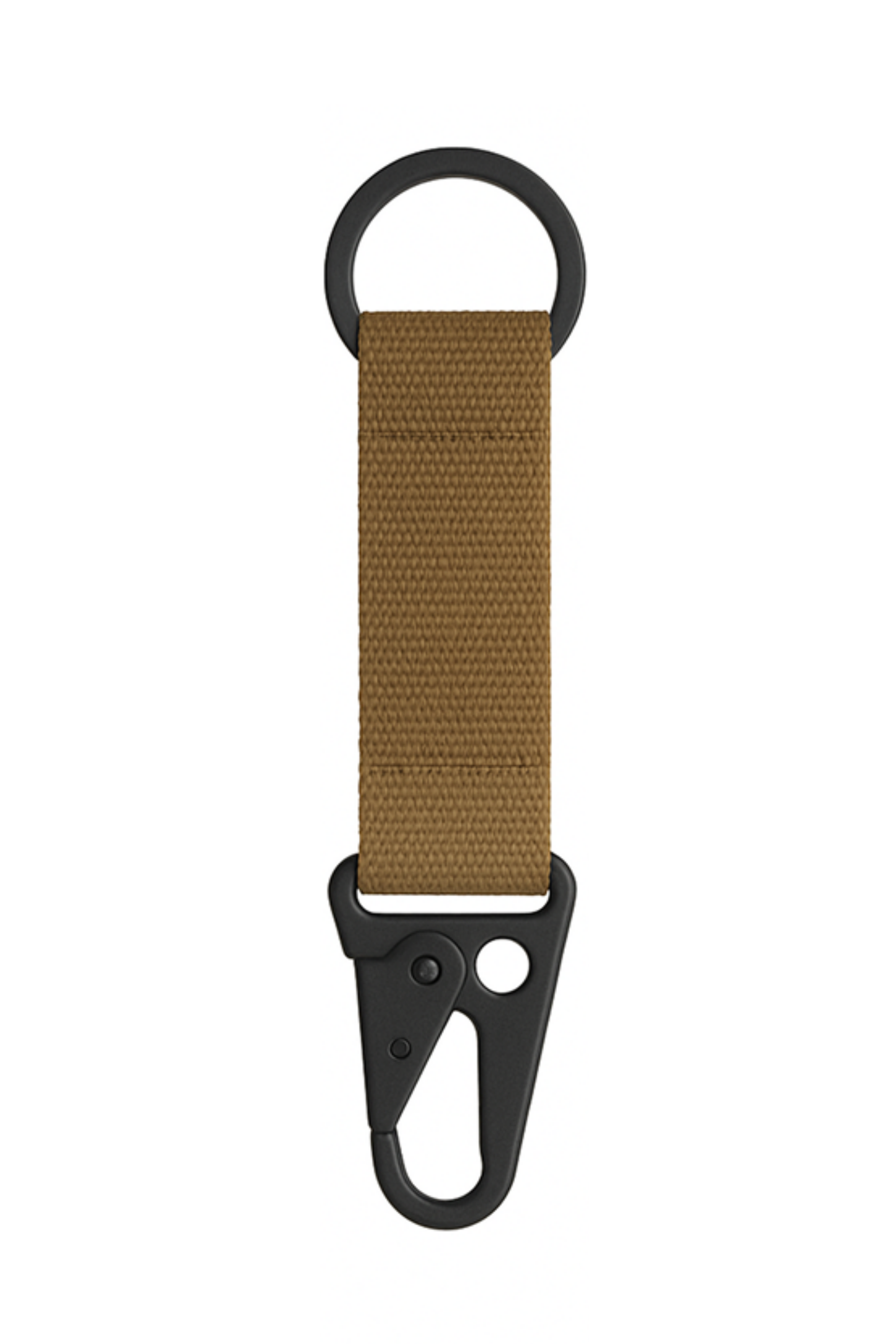 Coyote brown colour tactical webbing keychain with HK hook.