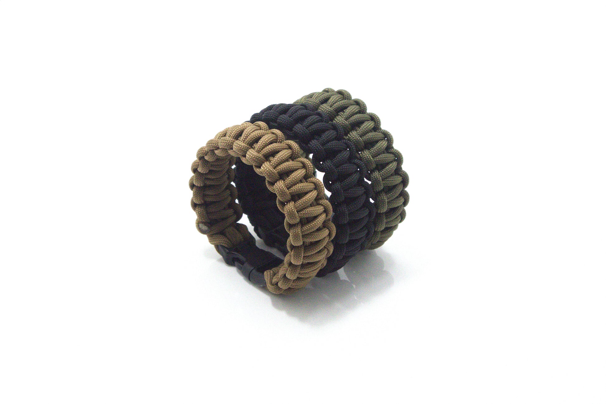 Three paracord 550 solomon knot military survival bracelets in brown, black, and green on a white background