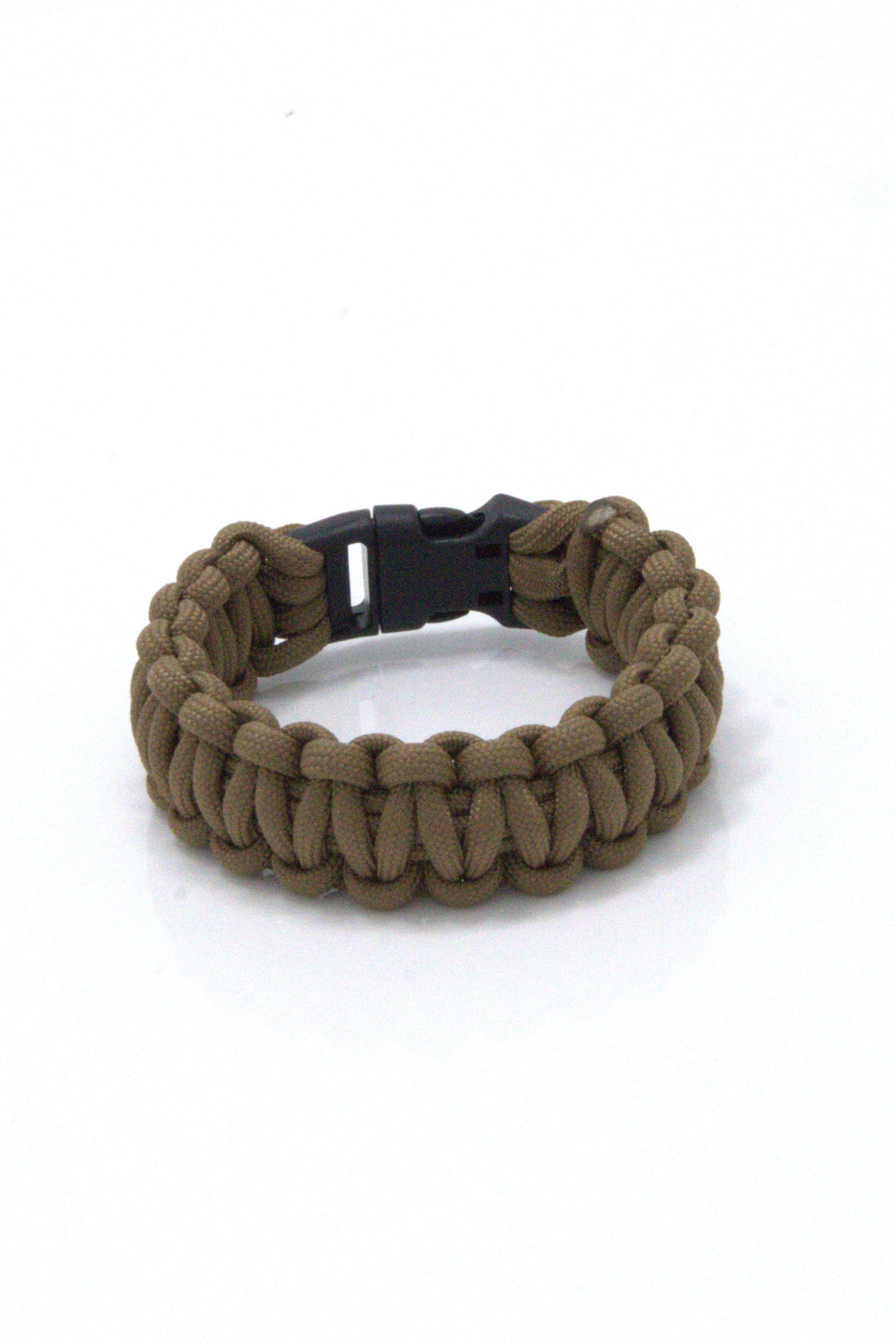 Brown colour tactical paracord 550 bracelet in solomon/cobra knot with a black buckle on a white background.