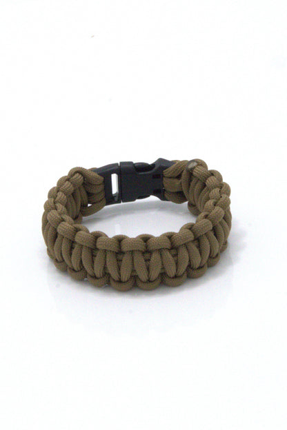 Brown colour tactical paracord 550 bracelet in solomon/cobra knot with a black buckle on a white background.