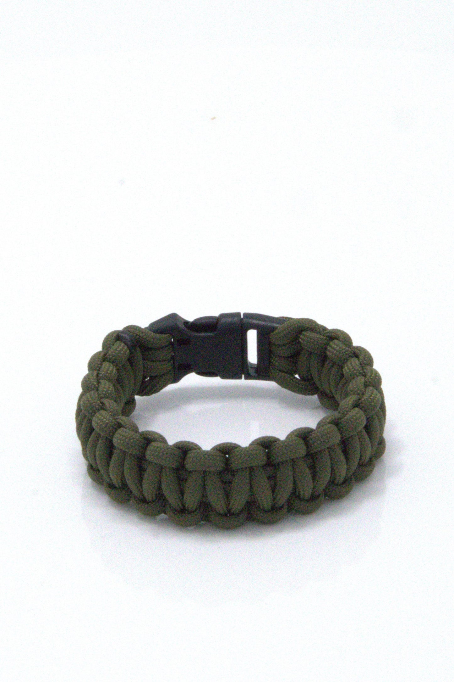 Olive green colour tactical paracord 550 bracelet in solomon/cobra knot with a black buckle on a white background