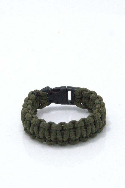 Olive green colour tactical paracord 550 bracelet in solomon/cobra knot with a black buckle on a white background
